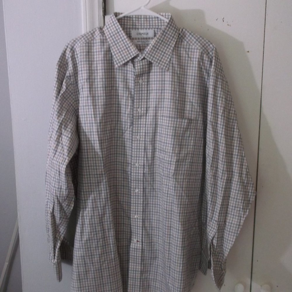 Cremieux Tan Grey Plaid Dress Shirt 17 1/2- 35